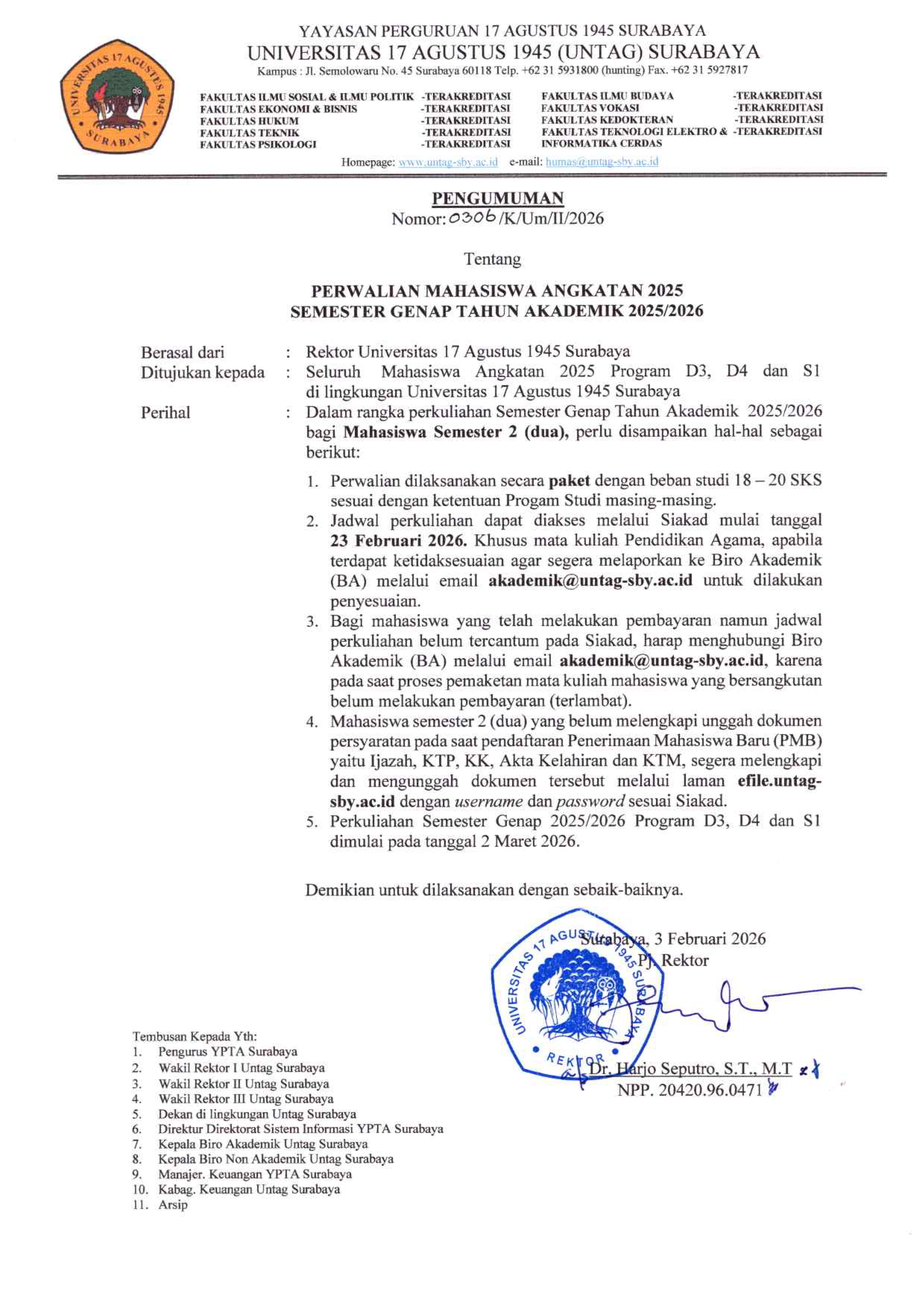 Untag Surabaya Umumkan Ketentuan Perwalian Mahasiswa Angkatan 2025 Semester Genap 2025/2026
