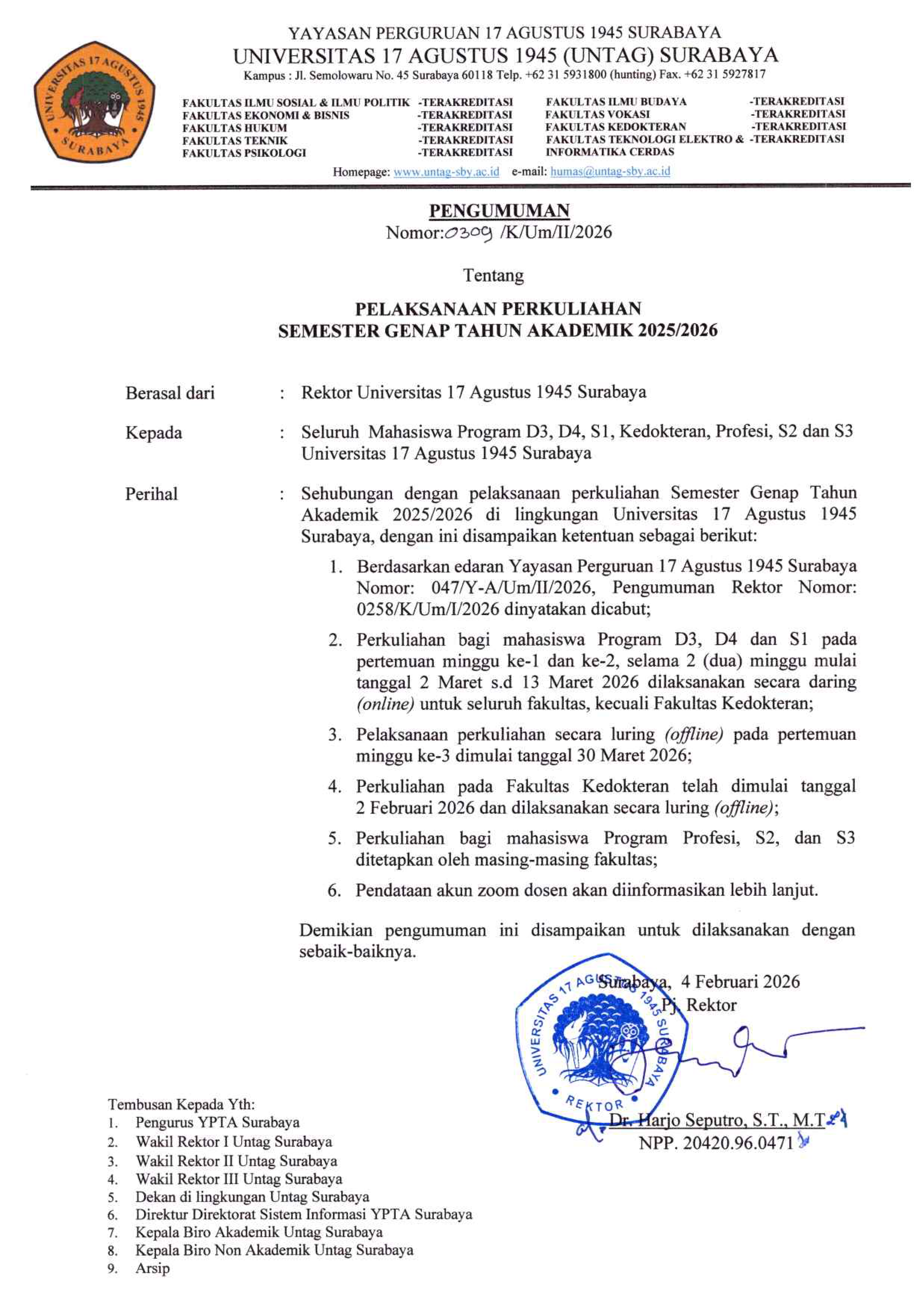 Untag Surabaya Tetapkan Pelaksanaan Perkuliahan Semester Genap 2025/2026