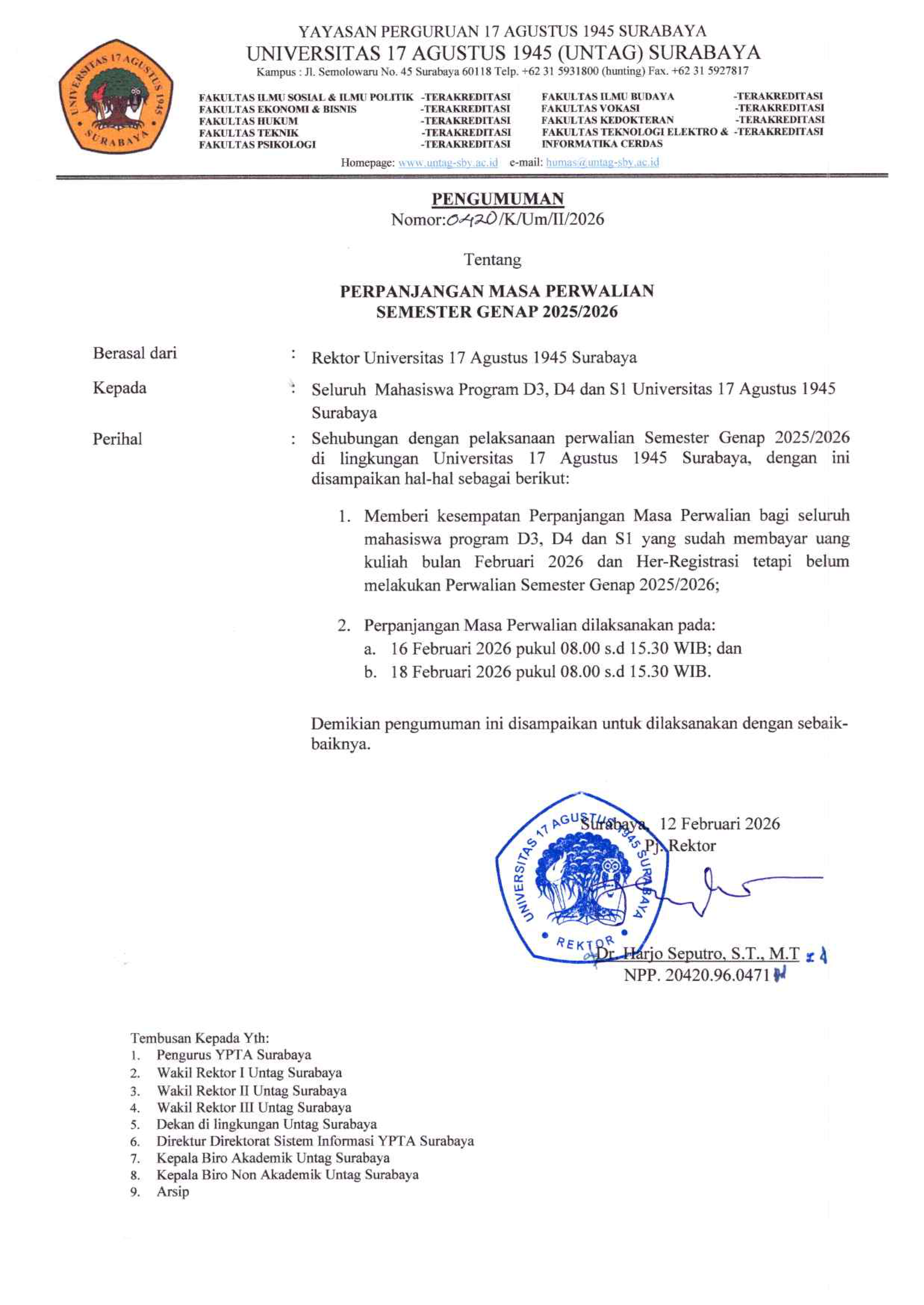 Untag Surabaya Berikan Perpanjangan Masa Perwalian Semester Genap 2025/2026