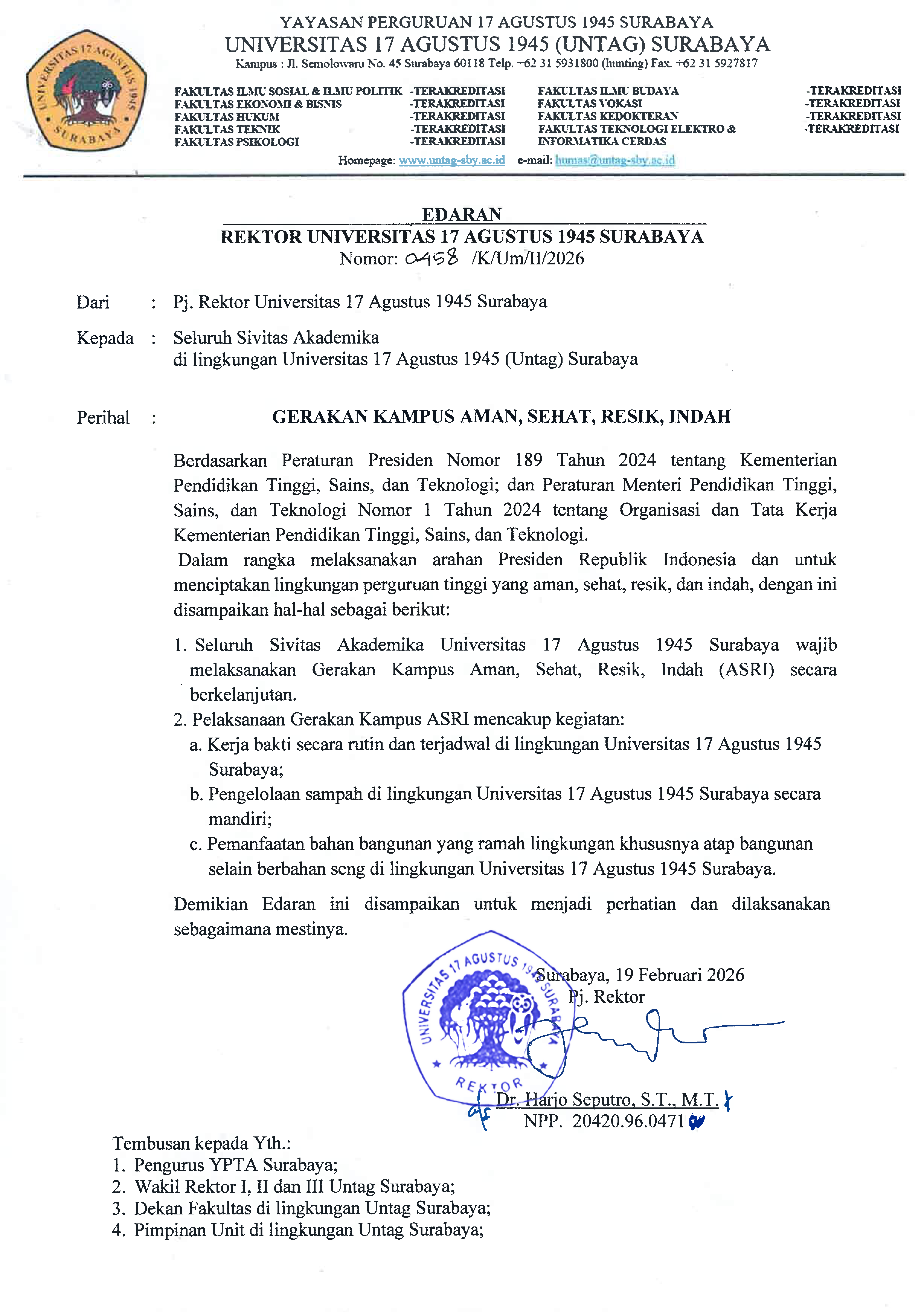 Rektor Untag Surabaya Keluarkan Edaran Gerakan Kampus Aman, Sehat, Resik, dan Indah (ASRI)