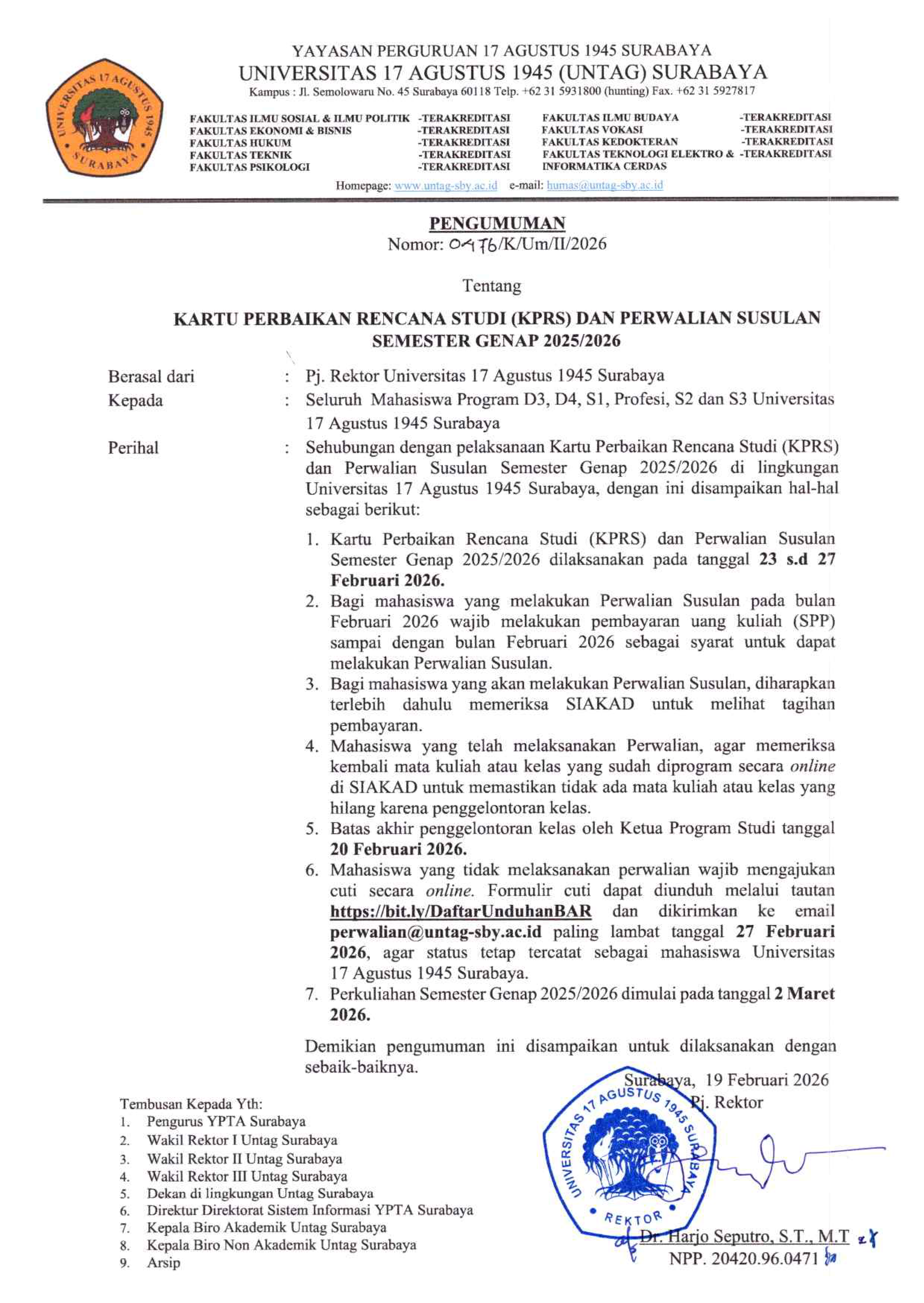 Untag Surabaya Umumkan Pelaksanaan KPRS dan Perwalian Susulan Semester Genap 2025/2026