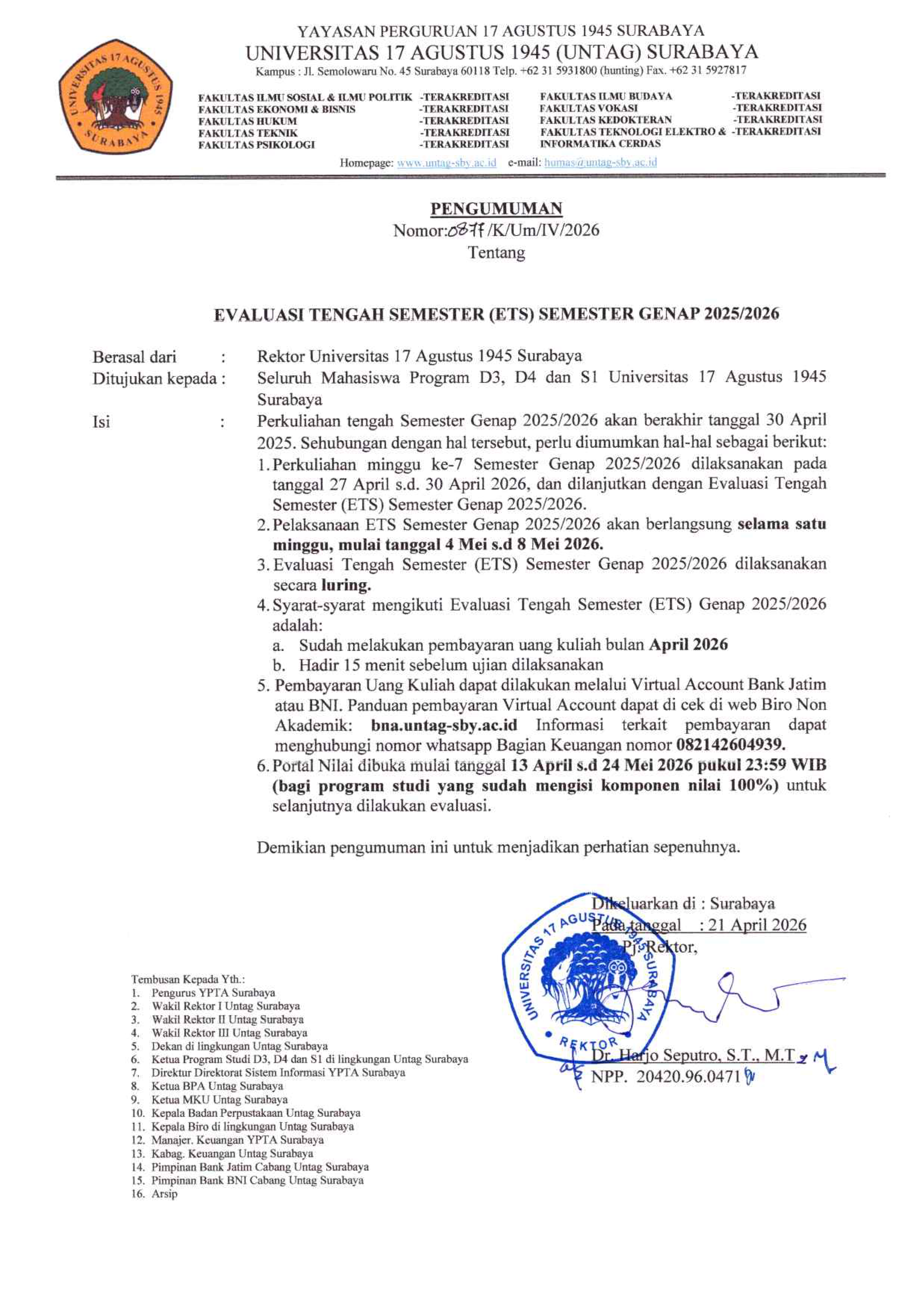 Untag Surabaya Umumkan Jadwal Evaluasi Tengah Semester Genap 2025/2026