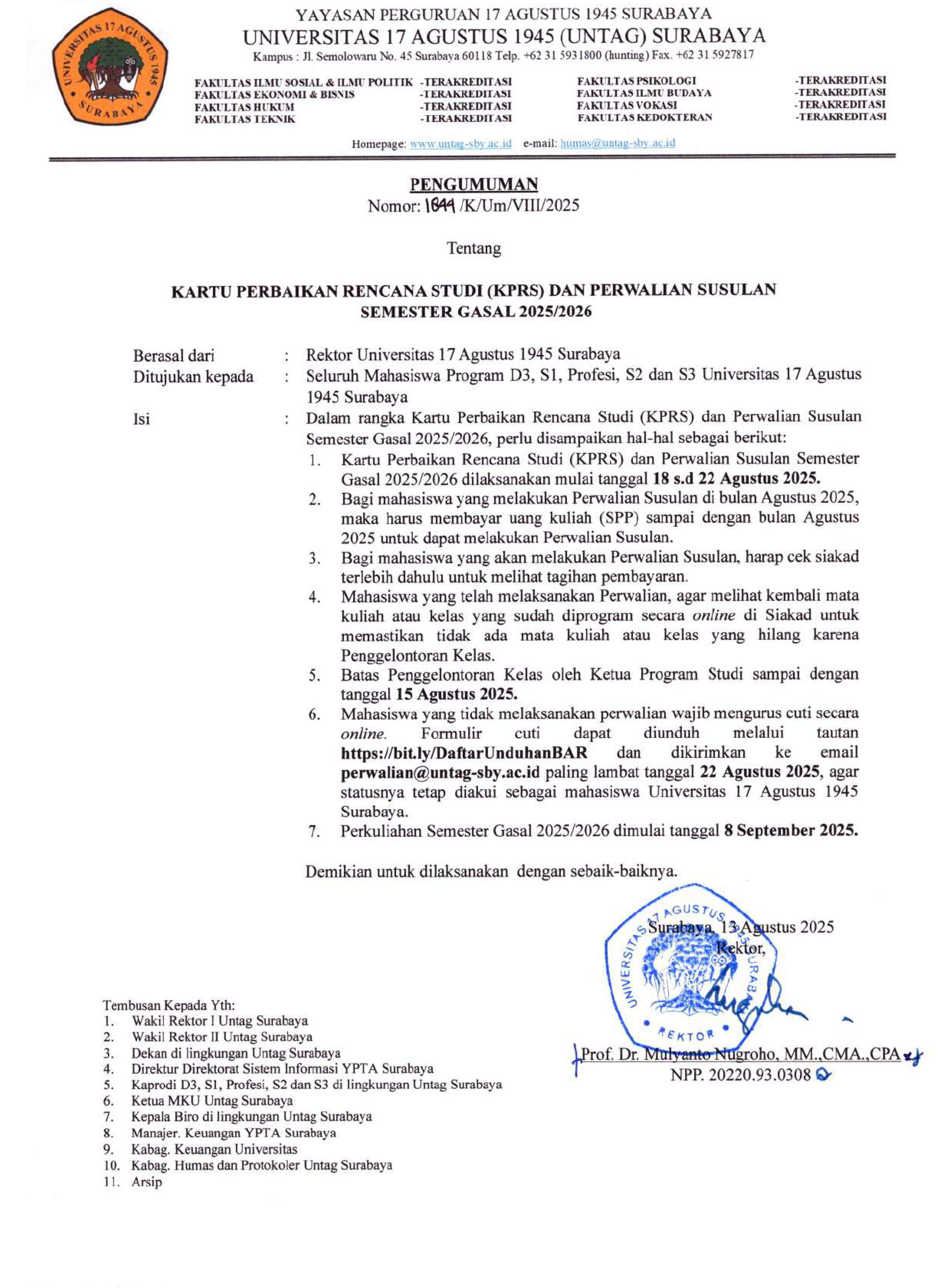 UNTAG Surabaya Umumkan Jadwal KPRS dan Perwalian Susulan Semester Gasal 2025/2026