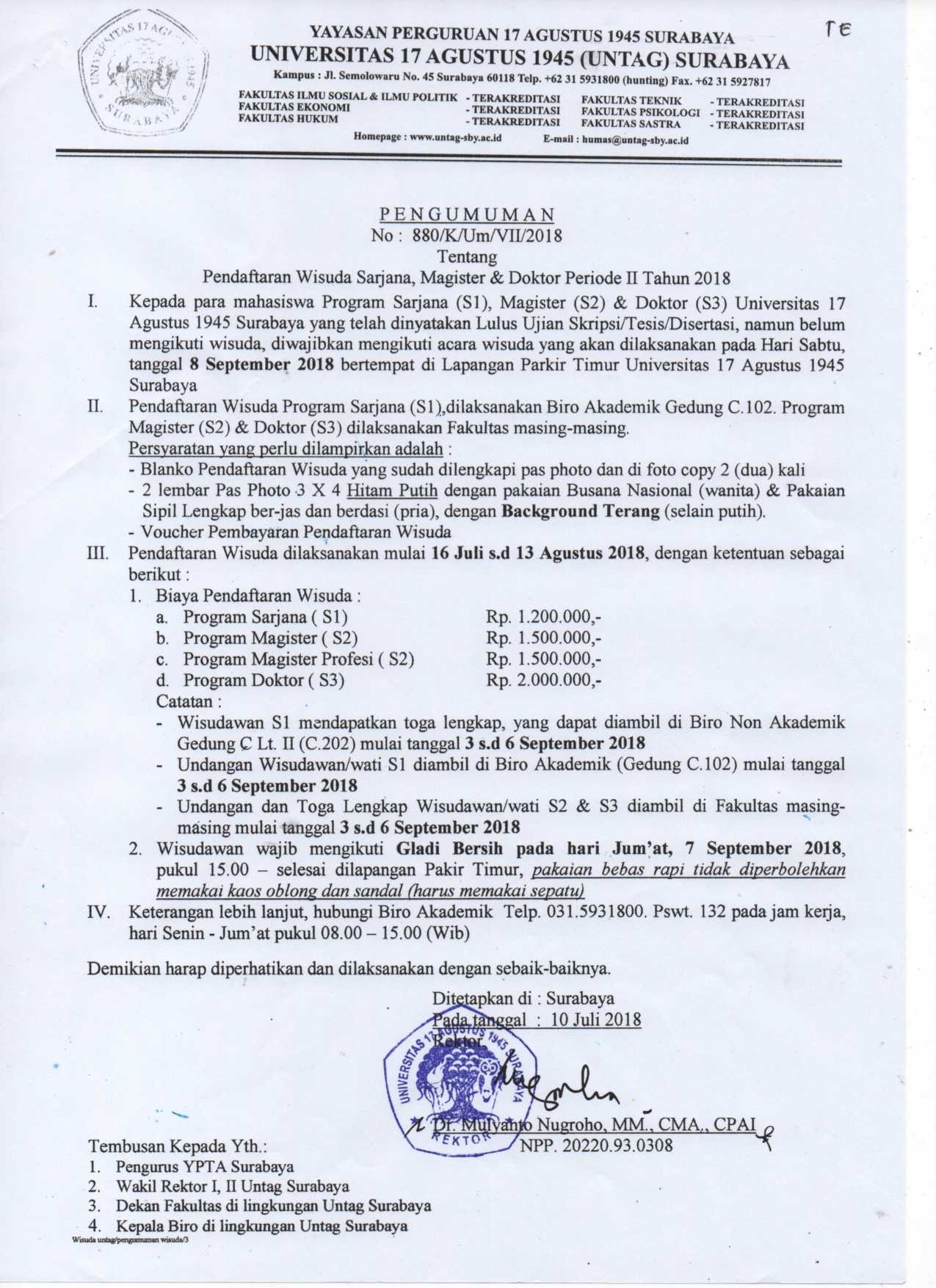 Pendaftaran Wisuda Sarjana, Magister dan Doktor Periode II Tahun 2018 (Genap 2017/2018)