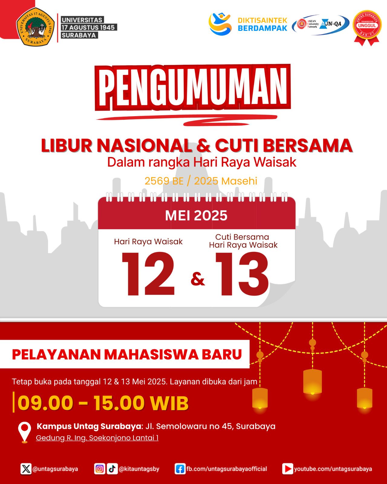 UNTAG Surabaya Umumkan Libur Nasional dan Cuti Bersama Waisak, Layanan Mahasiswa Baru Tetap Berjalan