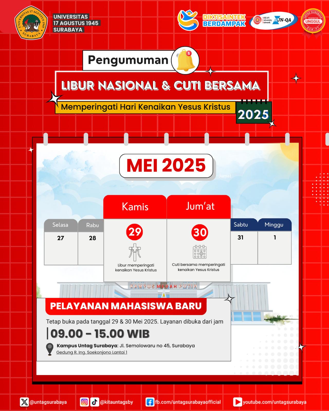 UNTAG Surabaya Umumkan Libur Nasional dan Cuti Bersama dalam Rangka Hari Kenaikan Yesus Kristus 2025