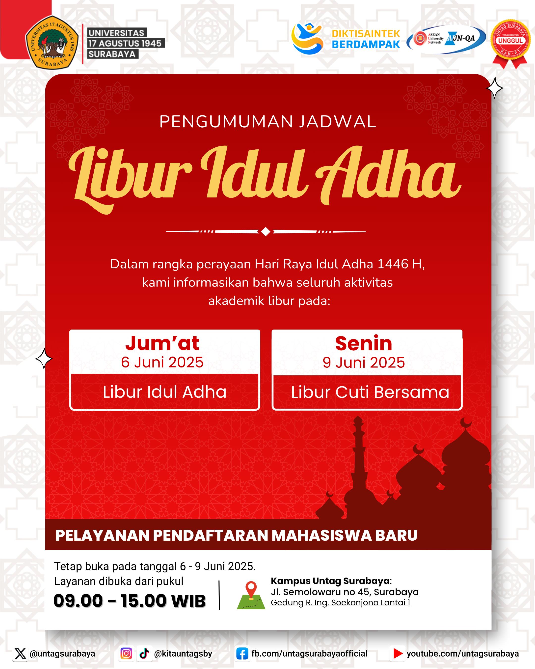 UNTAG Surabaya Umumkan Jadwal Libur Idul Adha 1446 H