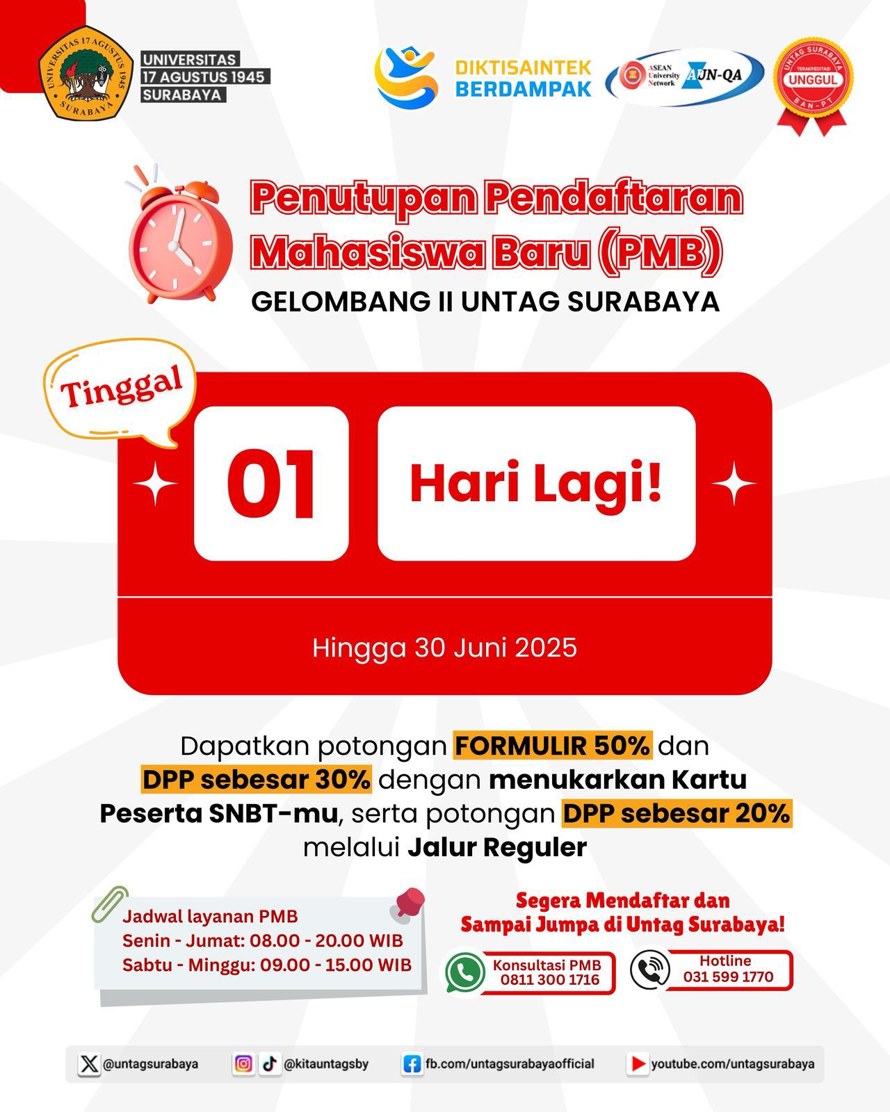 Pengumuman Penting: Pendaftaran Mahasiswa Baru Gelombang II di UNTAG Surabaya Segera Ditutup