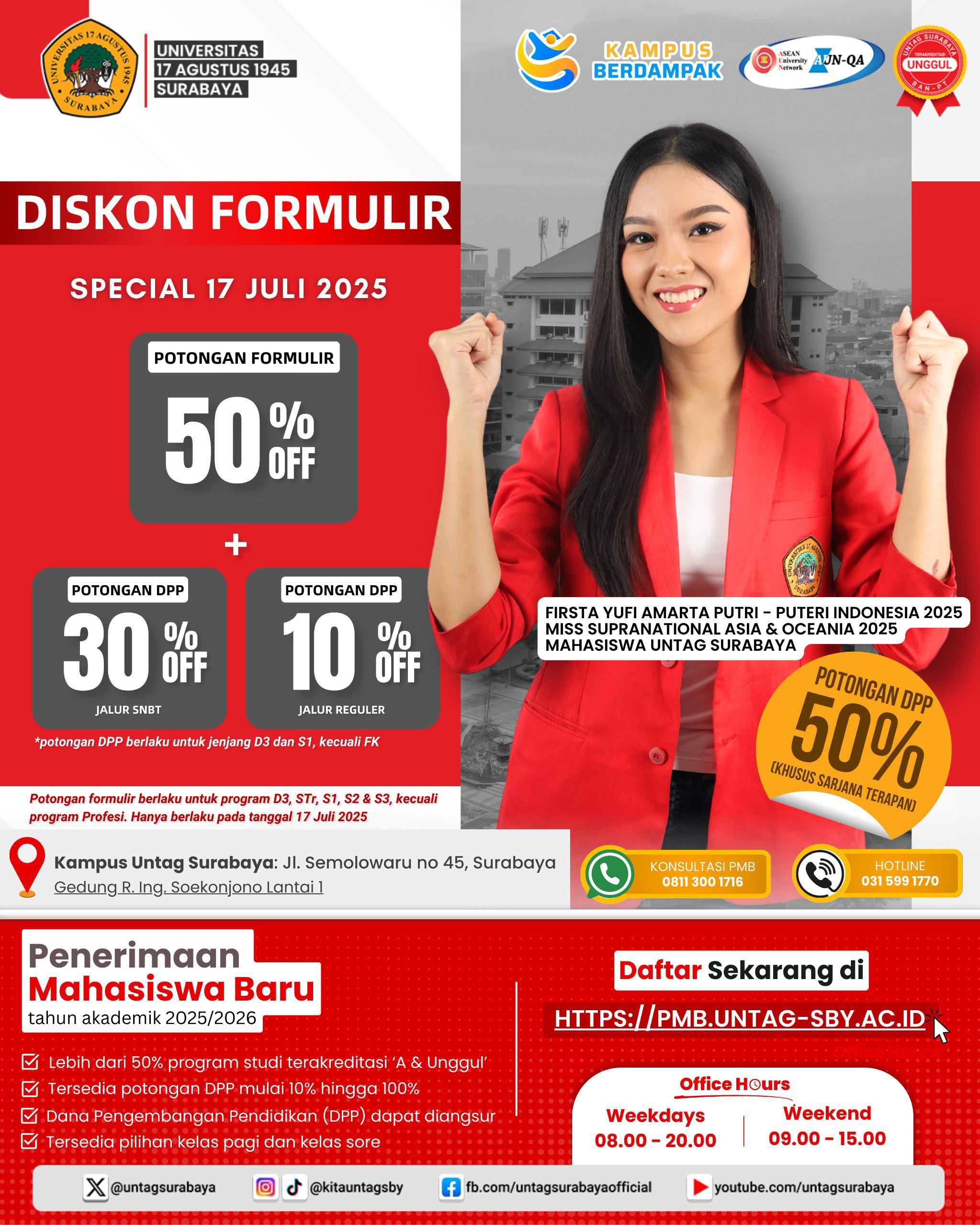 UNTAG Surabaya Tawarkan Diskon Spesial Pendaftaran Mahasiswa Baru di Tanggal 17 Juli 2025