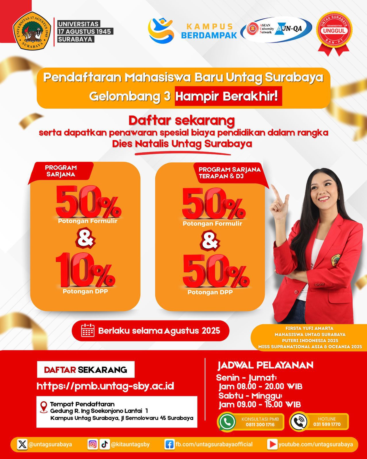 Pendaftaran Mahasiswa Baru Gelombang 3 Hampir Berakhir, UNTAG Surabaya Tawarkan Diskon Spesial di Bulan Agustus