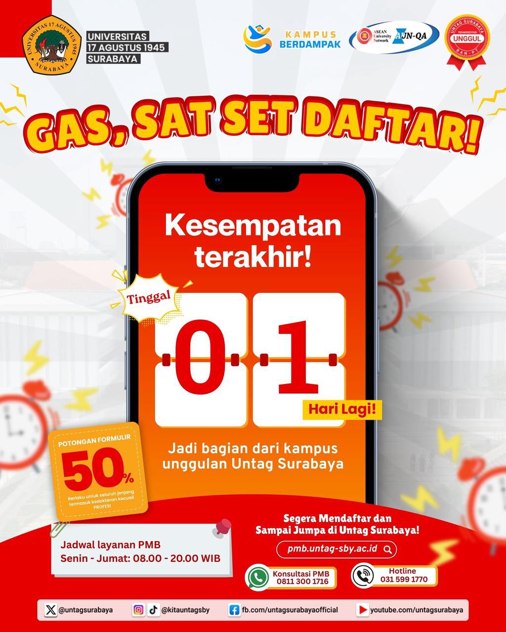Kesempatan Terakhir Daftar di UNTAG Surabaya, Potongan Formulir 50%