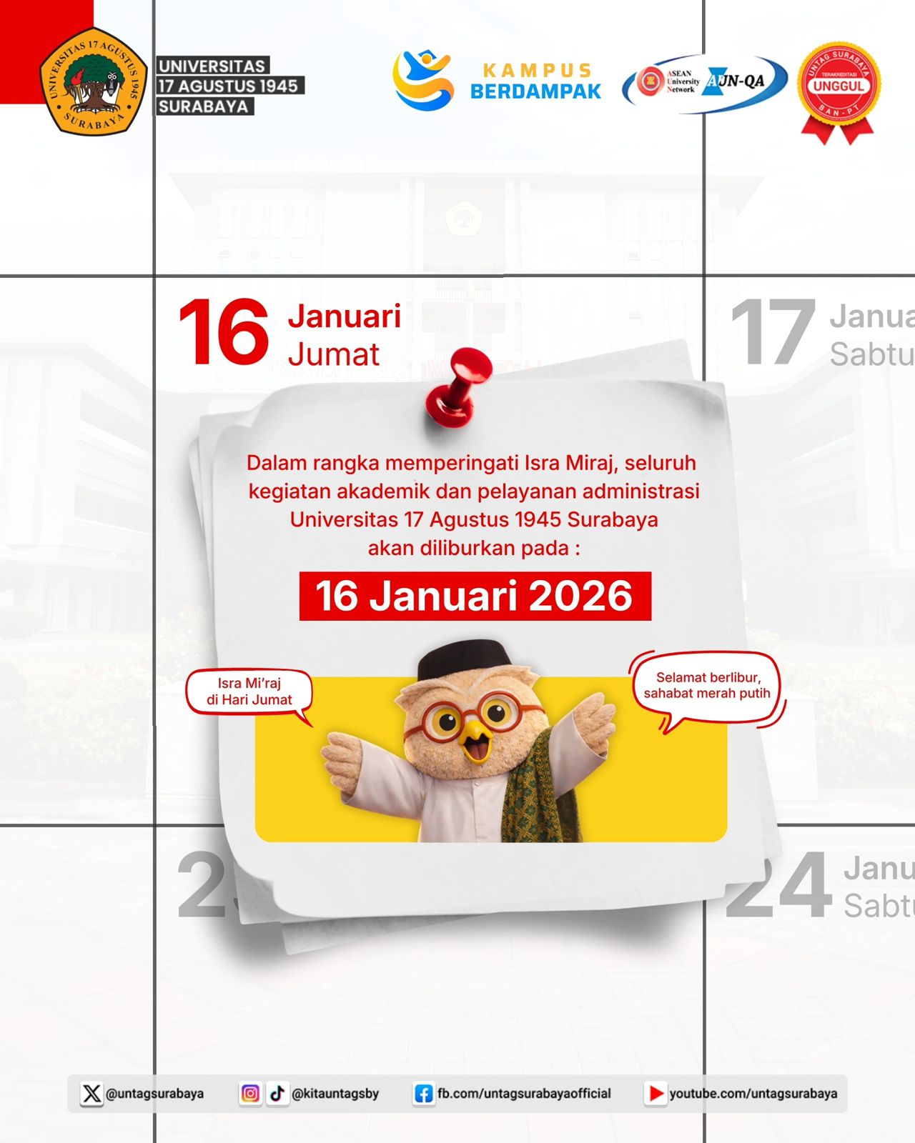 UNTAG Surabaya Liburkan Kegiatan Akademik dan Administrasi pada 16 Januari 2026