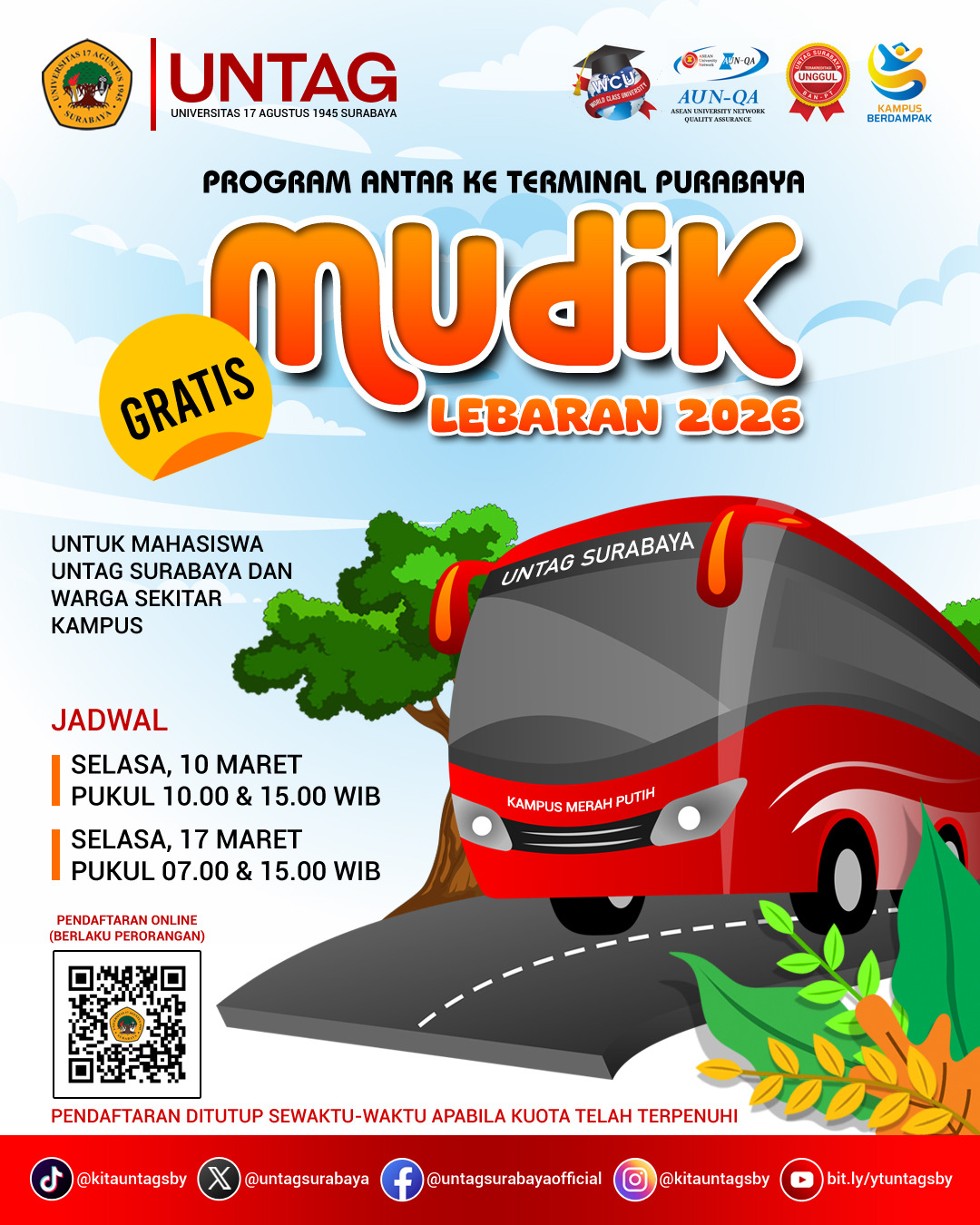 Untag Surabaya Fasilitasi Program Antar Mahasiswa ke Terminal Purabaya Gratis Saat Mudik Lebaran 2026