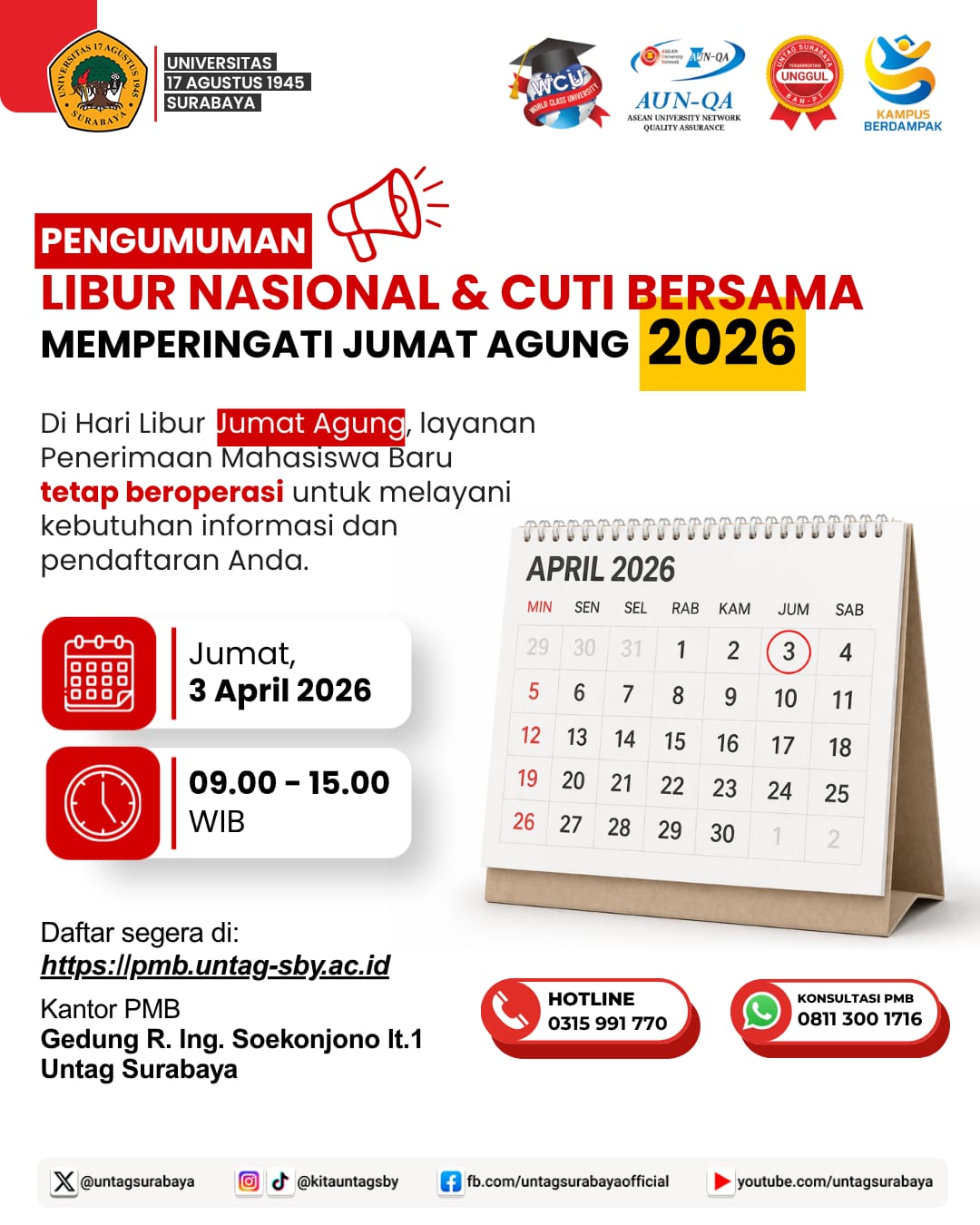 Tetap Buka Saat Libur Jumat Agung, PMB Untag Surabaya Layani Pendaftaran Mahasiswa Baru