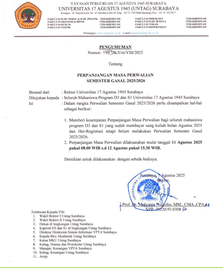 UNTAG Surabaya Perpanjang Masa Perwalian Semester Gasal 2025/2026 hingga 12 Agustus
