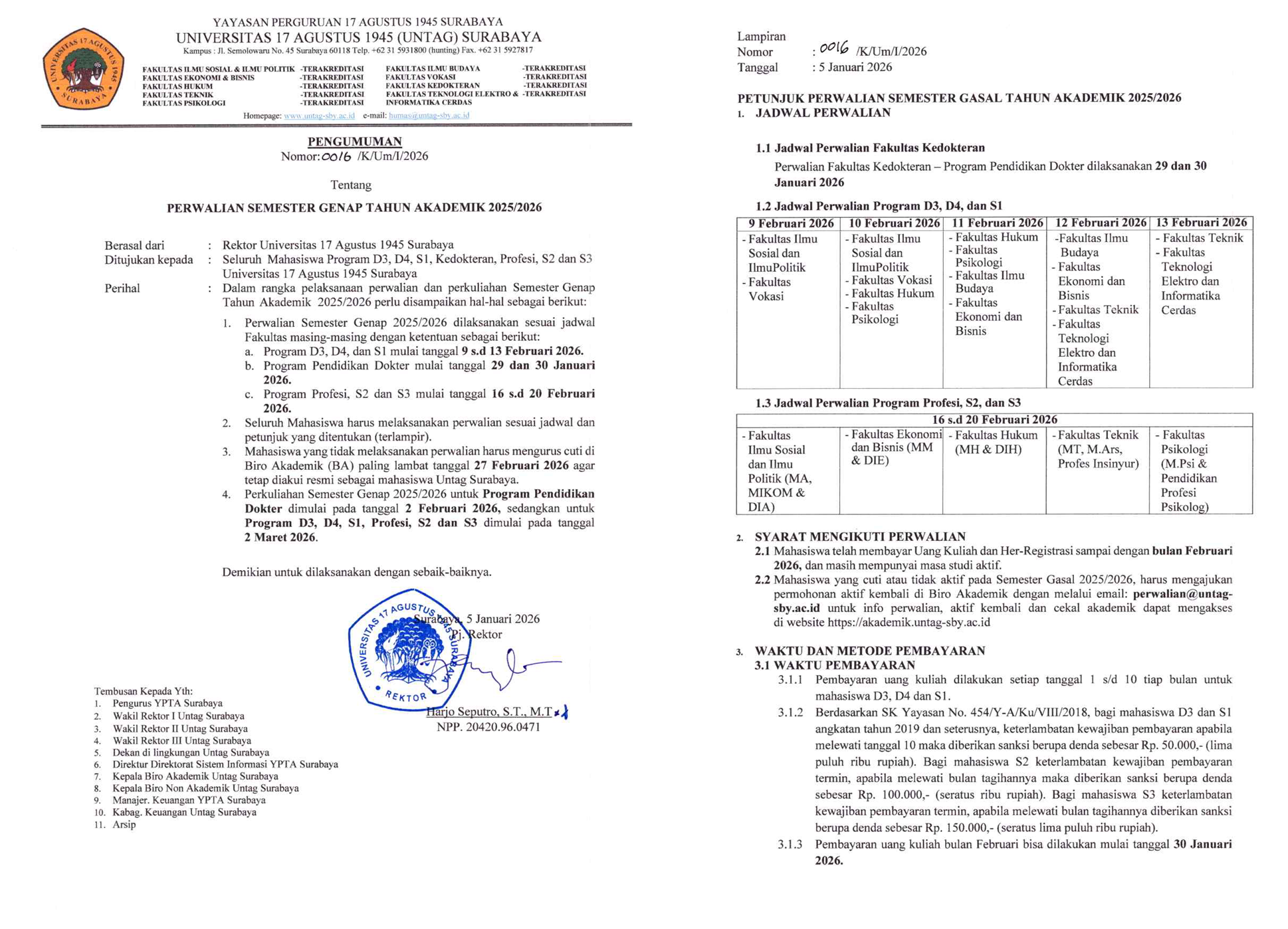 UNTAG Surabaya Umumkan Pelaksanaan Perwalian Semester Genap 2025/2026