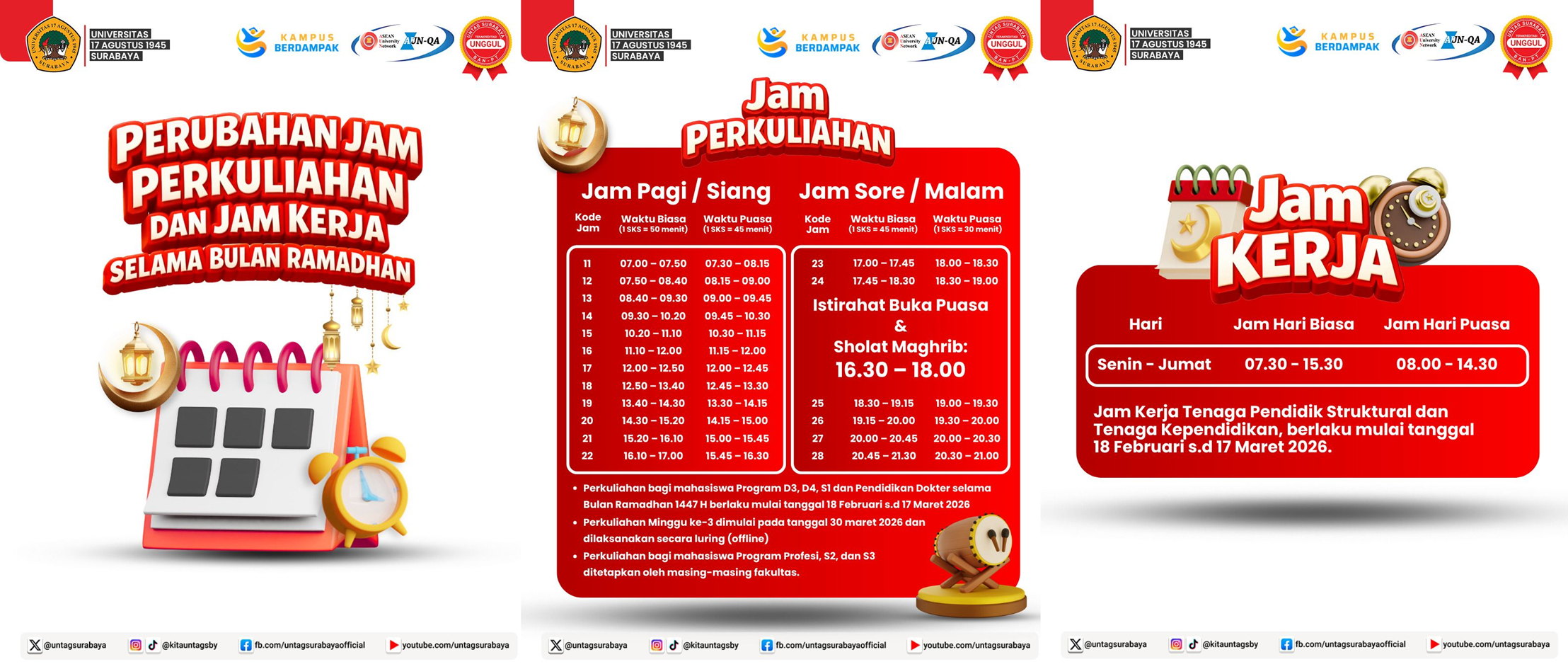 Untag Surabaya Tetapkan Perubahan Jam Perkuliahan dan Jam Kerja Selama Bulan Ramadan 1447 H
