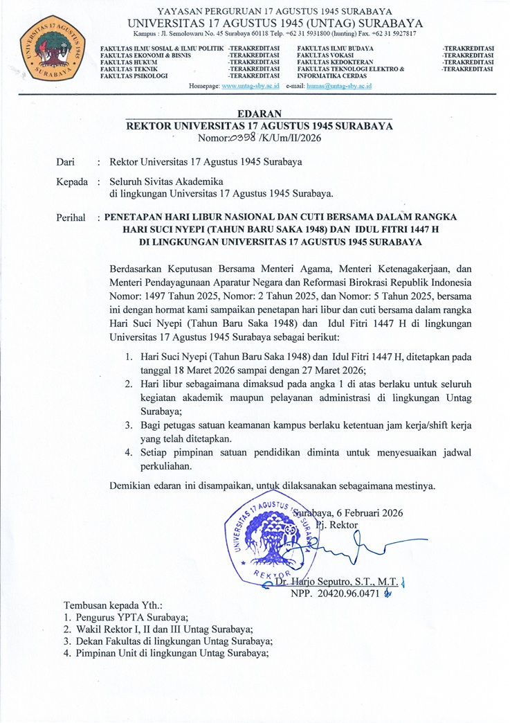 Penetapan Libur Nyepi dan Idul Fitri 1447 H di Lingkungan Untag Surabaya