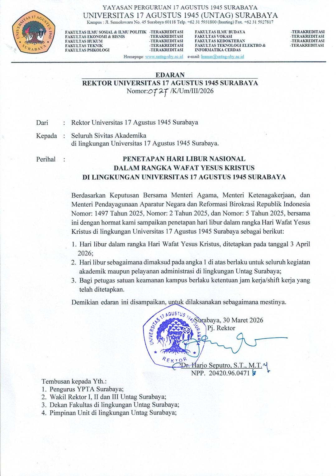 Untag Surabaya Tetapkan Libur Nasional Wafat Yesus Kristus pada 3 April 2026