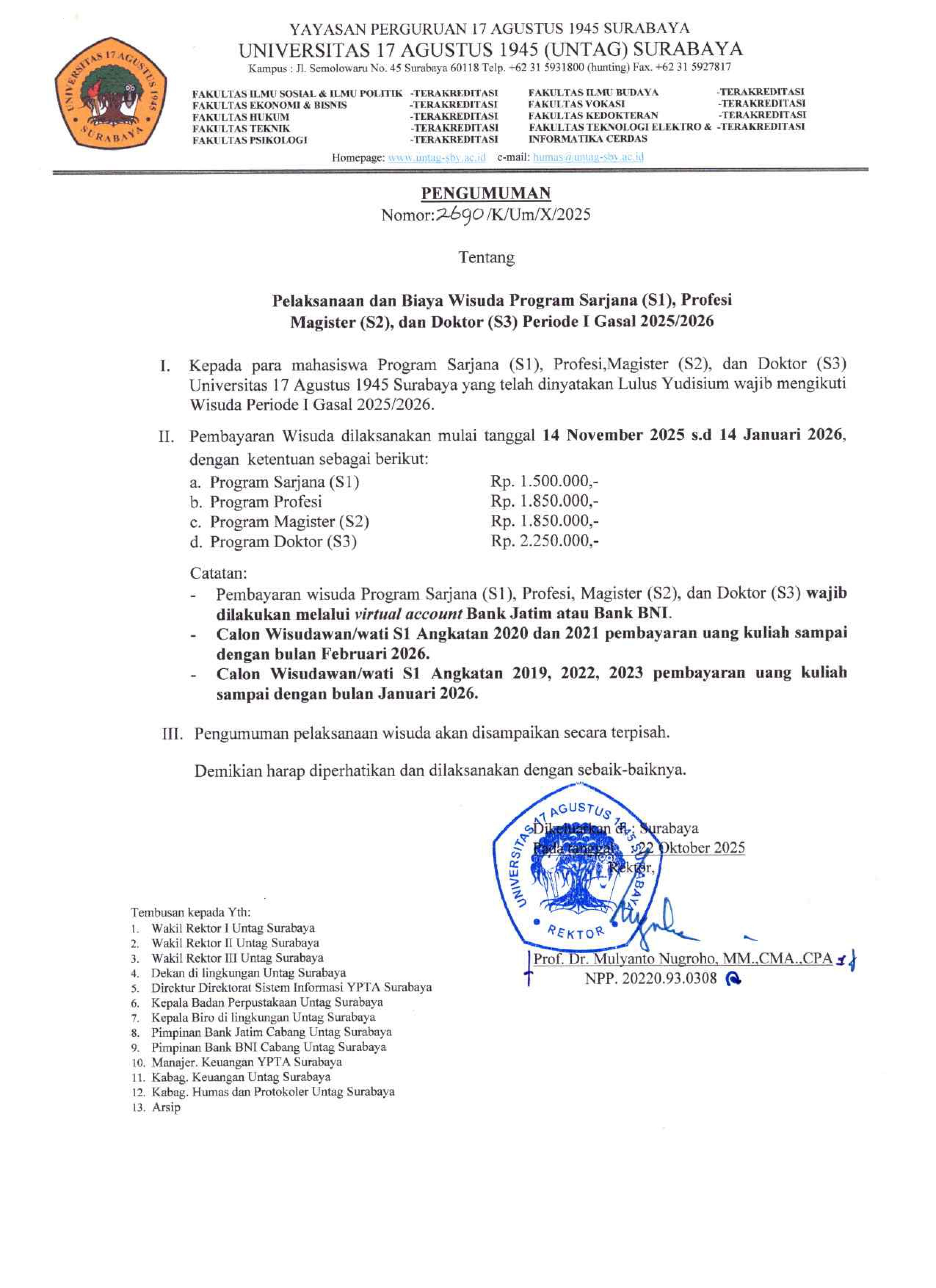 Pelaksanaan dan Biaya Wisuda UNTAG Surabaya Periode I Gasal 2025/2026